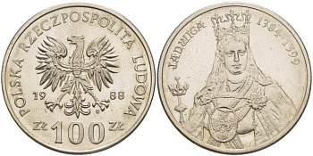 Польша 100 злотых 1988 MW, серия Польские правители, королева Ядвига (1384-1399) KM 183 медно-никель 4542-1022