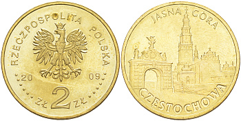 Польша 2 злотых 2009 MW, серия города Польши, Ченстохова, Ясна гора (Czestochowa, Jasna Gora) KM 709 нордик UNC 4114-127