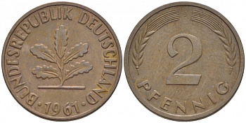 ФРГ 2 ПФЕННИГА 1961 J KM 106, J.381 бронза 3718-358