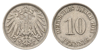 Германия 10 пфеннигов 1911 J, Вильгельм II (1888-1918) KM 12, J. 13 медно-никель 4636-931