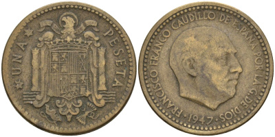 Испания 1 песета 1947 (54) Франсиско Франко (1939-1975) KM 775 алюминиевая бронза 4448-1052
