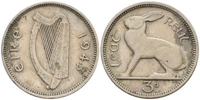 Ирландия 3 пенса 1948 заяц KM 12a медно-никель 4174-314