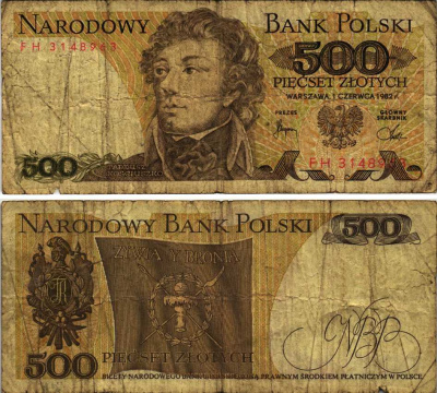 Польша 500 злотых 1982 Тадеуш Костюшко Pick 145 d бумага 7215-15-3-1