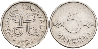 Финляндия 5 марок 1955 KM 37a никелированное железо 192-1133