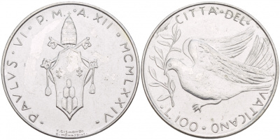 Ватикан 100 лир 1976 MCMLXXVI, Павел VI KM 122 нержавеющая сталь  UNC   4545-246