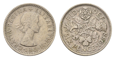 Великобритания 6 пенсов 1958 Елизавета II (1952-2022) KM 903, Spink 4149 медно-никель 100-547