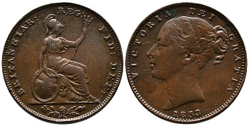 Великобритания 1 фартинг 1853 Виктория (1837-1901) KM 725, Spink 3950 медь  1518-1041