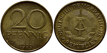 ГДР 20 пфеннигов 1969 А, первый год KM 11 латунь UNC 4395-1026
