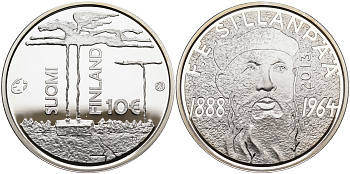 Финляндия 10 евро 2013 Франс Эмиль Силланпяя, писатель KM 201 серебро  PROOF  11-164-31