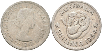 Австралия 1 шиллинг 1954 M, Елизавета II (1952-2022), овца меринос KM 53 серебро 4622-145