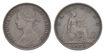 Великобритания 1 фартинг 1872 Виктория (1837-1901) KM 747.2, Spink 3958 бронза 3896-1535
