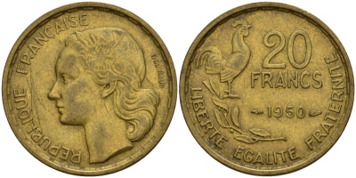 Франция 20 франков 1950 B, Петух KM 917.1 алюминиевая бронза 4159-932