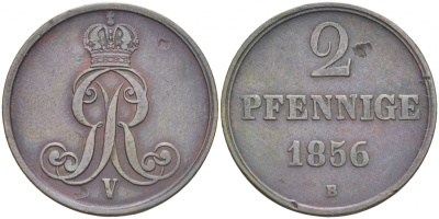 Брауншвейг-Каленберг-Ганновер 2 пфеннига 1856 B, Георг V (1851-1866) KM 217, AKS 152, J. 84 медь 73-1012