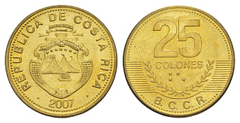 Коста-Рика 25 колонов 2007 KM 229c сталь плакированная латунью UNC 4642-927