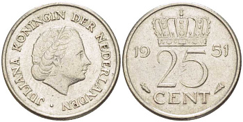 Нидерланды 25 центов 1951 Юлиана (1949-1980) KM 183 никель 214-918
