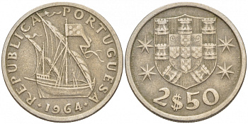 Португалия 2,5 эскудо 1964 парусник KM 590 медно-никель 3851-1057