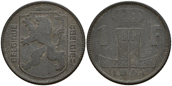 Бельгия 1 франк 1941 Belgique - Belgie, Леопольд III (1934-1947), германская оккупация, Вторая мировая война KM 127 цинк 4161-414