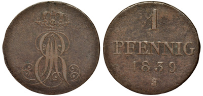 Ганновер 1 пфенниг 1839 S, Эрнст Август (1837-1851) KM 173.3, AKS 128, J. 54 медь 75-1422