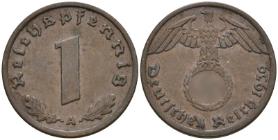 Германия 1 рейхспфенниг 1939 A KM 89, J. 361 бронза 4147-1138
