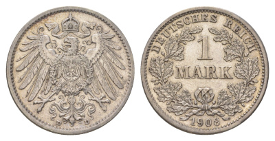 Германия 1 марка 1908 D, Вильгельм II (1888-1918) KM 14, J. 17 серебро 4626-213