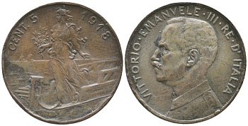 ИТАЛИЯ 5 ЧЕНТЕЗИМО 1918 ВИКТОР ИМАНУИЛ III (1900-1946) KM 42 медь 34-243