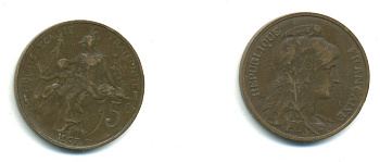 ФРАНЦИЯ 5 САНТИМОВ 1907 ТИП ДАНИЭЛЬ ДЮПЮИ KM 842, LE FRANC 119.17 бронза 84-543