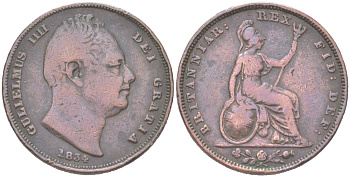 Великобритания 1 фартинг 1834 Вильгельм IV (1830-1837) KM 705, Spink 3848 медь 4613-364