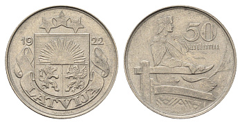 Латвия 50 сантимов 1922 год-тип KM 6 никель aUNC 4652-1044