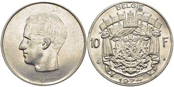 БЕЛЬГИЯ 10 ФРАНКОВ 1974 BELGIE, БОДУЭН I (1951-1993) KM 156.1 никель 115-644