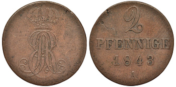 Ганновер 2 пфеннига 1843 A, Эрнст Август (1837-1851) KM 174.1, AKS 122, J. 55 медь 75-1752