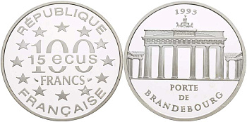 Франция 100 франков - 15 экю 1993 серия архитектурные монументы Европы (Бранденбургские ворота в Берлине) KM 1032 серебро PROOF 1074-5-53