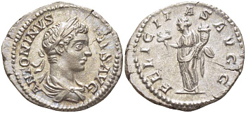 Римская Империя денарий 205 Каракалла, ANTONINVS PIVS AVG, бюст императора / FELICITAS AVGG, Фелицитата, персонификация Блаженства, Рим, 3,17 гр RIC 127 серебро 1073-18-87