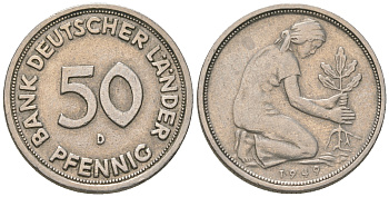 ФРГ 50 пфеннигов 1949 D KM 104 медно-никель 4164-533