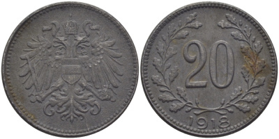 АВСТРИЯ 20 ГЕЛЛЕРОВ 1918 КАРЛ I KM 2826 железо 93-625