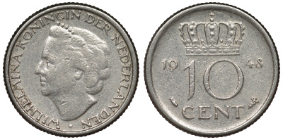 Нидерланды 10 центов 1948 Вильгельмина (1895-1948) KM 177 никель 71-454
