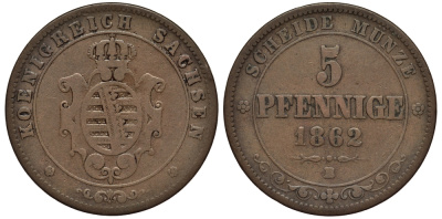 Саксония 5 пфеннигов 1862 B, Йоханн (1854-1873) KM 1218 медь    413-5244