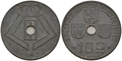 Бельгия 10 сантимов 1943 Belgie - Belgique, Леопольд III (1934-1947), германская оккупация, Вторая мировая война KM 126 цинк 4161-337