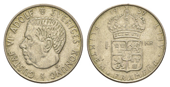 Швеция 1 крона 1957 TS, Густав VI Адольф (1950-1973) KM 826 серебро 4650-252