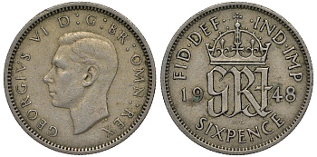 Великобритания 6 пенсов 1948 Георг VI (1936-1952) KM 862, Spink 4105 медно-никель 4128-823