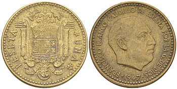 Испания 1 песета 1947 (54) Франсиско Франко (1939-1975) KM 775 алюминиевая бронза 216-544