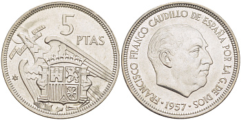 Испания 5 песет 1957 (77) Франциско Франко (1939-1975) KM 786 медно-никель UNC 216-437