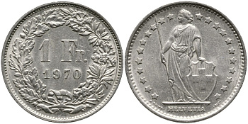 Швейцария 1 франк 1970 KM 24a.1 медно-никель 4538-251