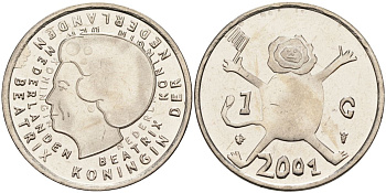 Нидерланды 1 гульден 2001 прощай гульден, детский рисунок, лев с флагом в руках KM 233 никель UNC 4116-115