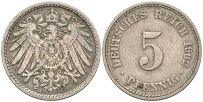 ГЕРМАНИЯ 5 ПФЕННИГОВ 1902 A, KM 11, J. 12 медно-никель 73-1719