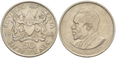 Кения 50 центов 1968 Джомо Кениата KM 4 медно-никель 4551-846