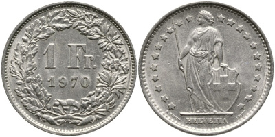 Швейцария 1 франк 1970 KM 24a.1 медно-никель 4538-251