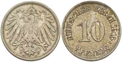 ГЕРМАНИЯ 10 ПФЕННИГОВ 1915 A KM 12, J. 13, Weege 8 медно-никель 212-314