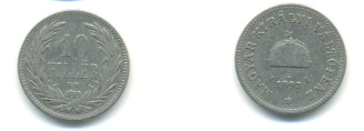 Венгрия 10 филлеров 1893 KB, Франц Иосиф I (1848-1916) KM 482 никель 93-355