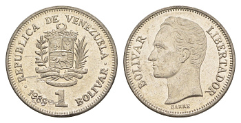 Венесуэла 1 боливар 1989 Симон Боливар, тонкий шрифт Y 52a.1 сталь плакированная никелем 4589-837