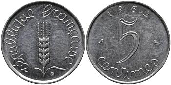 Франция 5 сантимов 1962 KM 927 нержавеющия сталь 4576-1157